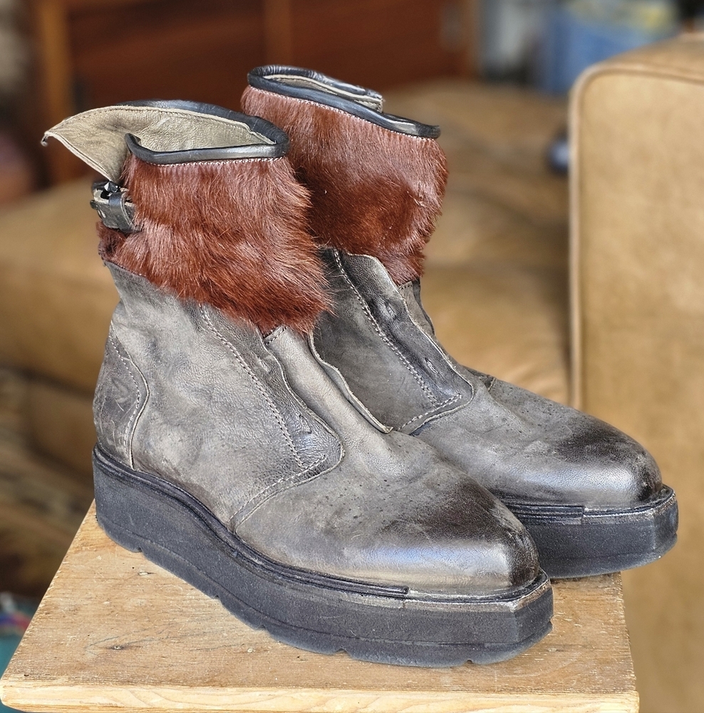 A.S.98 Leather & Calf Hair Chunky Ankle Boots - Picture 2 of 12